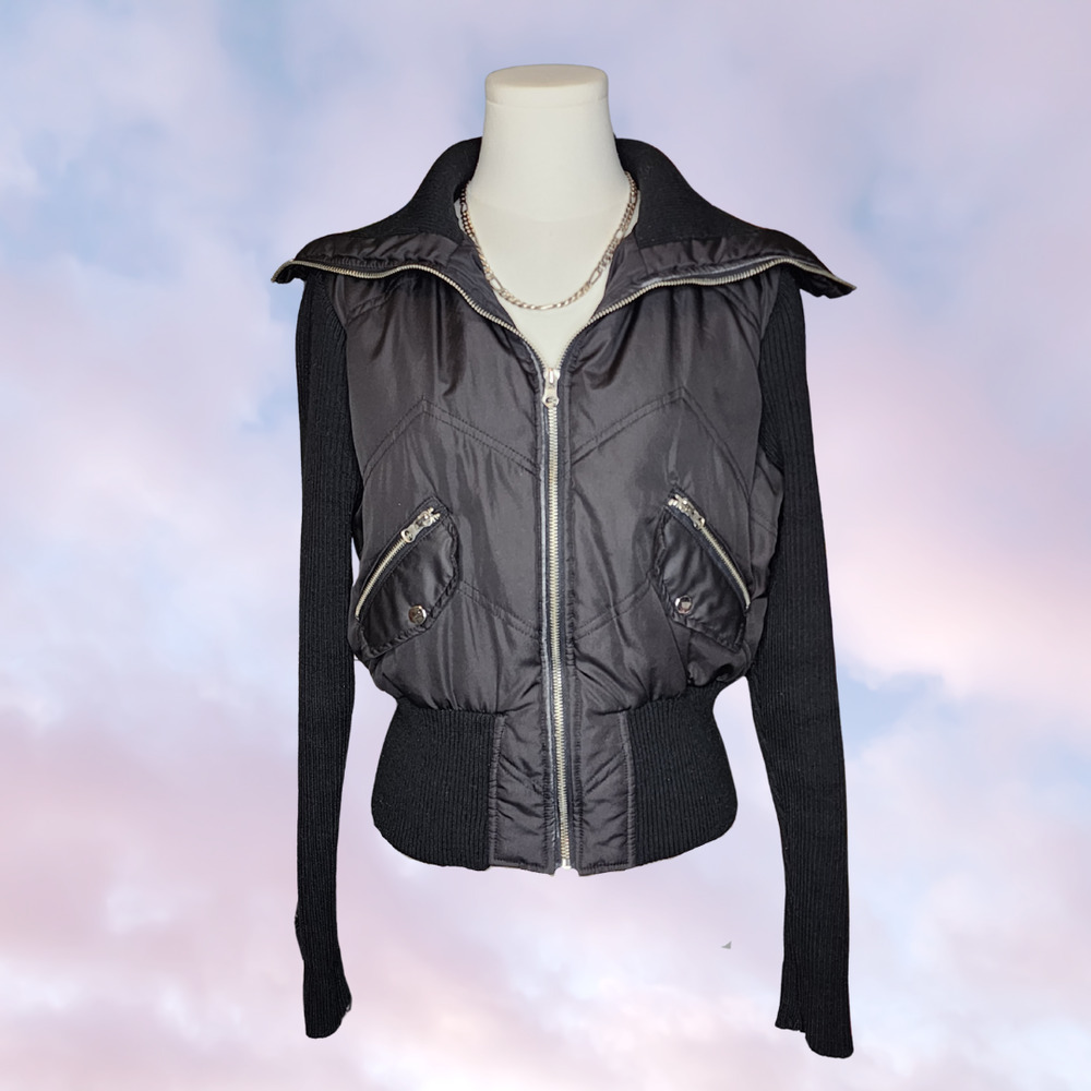 Y2k Vtg Ashley International Black Zip Grunge Puffer Ribbed Knit Sleeve Jacket L - Picture 1 of 5